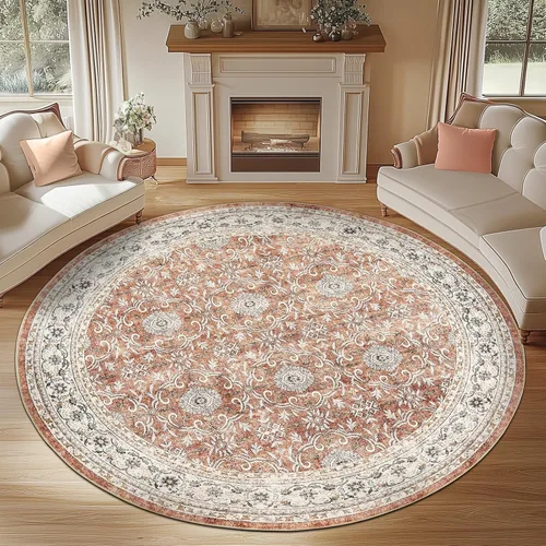Miniatura 33 de Jinchan Fiora - Alfombra redonda de 8 pies, alfombras vintage con diseño floral envejecido, lavable a máquina, antideslizante, de pelo bajo, Azul