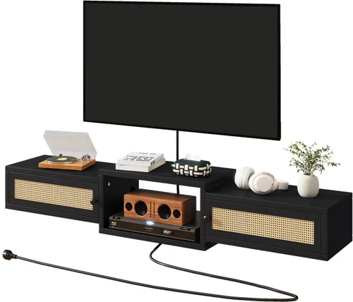 IBUYKE Soporte flotante moderno de ratán para TV con puertas, estante de TV montado en la pared para televisores de hasta 55 pulgadas, consola