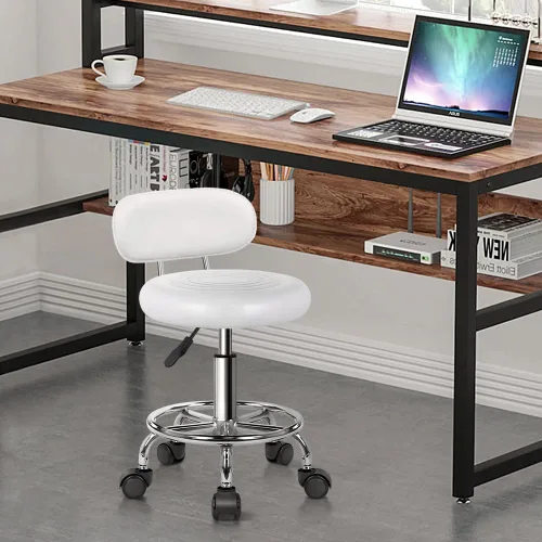Miniatura 2 de KKTONER - Taburete de cuero sintético moderno con respaldo bajo, altura ajustable, silla giratoria para trabajo, salón, diseño, con reposapiés Blanco