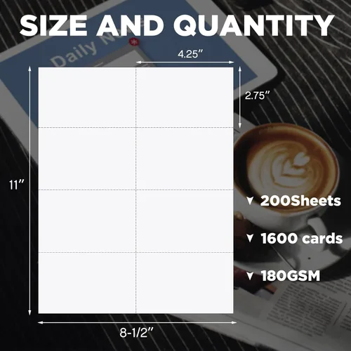 Miniatura 2 de Lincia 200 hojas de tarjetas de visita perforadas en blanco de 8-1/2 x 11 pulgadas, 8 por página de grosor de 180 GSM, compatibles con impresora
