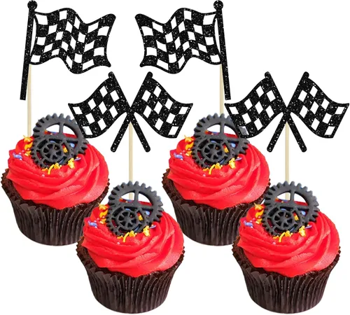Miniatura 13 de Gyufise 1 pieza de decoración de pastel de cumpleaños con dos banderas negras con purpurina a cuadros para coche de carreras de 2º cumpleaños
