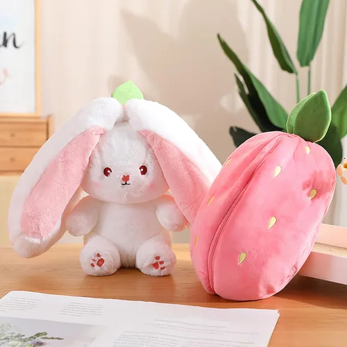 Miniatura 3 de Almohada de peluche de conejo, reversible, zanahoria y fresa, animal de peluche con cremallera, bonita decoración de conejo para niños y adultos