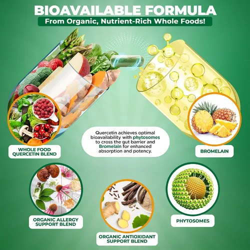Miniatura 5 de Quercetina 500 mg con suplemento de bromelina, complejo de fitosoma bioactivo, apoyo estacional orgánico puro de alimentos integrales, respuesta