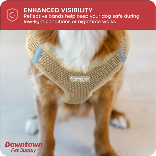 Miniatura 7 de Downtown Pet Supply Arnés para perro sin tirones, tamaño X-Grande, color caqui - Arnés ajustable con tela de malla acolchada y ribete reflectante
