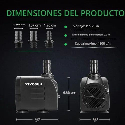Miniatura 2 de VIVOSUN Bomba sumergible de 480 GPH (1800 L/H, 25 W), bomba de agua ultra silenciosa con elevación de 7.2 pies, bomba de fuente con cable