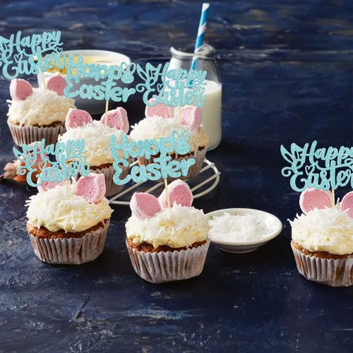 Miniatura 8 de Gyufise Paquete de 24 adornos azules con purpurina para cupcakes de Pascua con orejas de conejo de Pascua, decoraciones para fiesta de Pascua