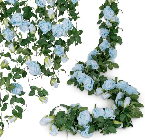 U'Artlines Paquete de 5 guirnaldas de flores artificiales de seda de vid azul en total de 32.5 pies, guirnalda de flores de seda de vid falsa para