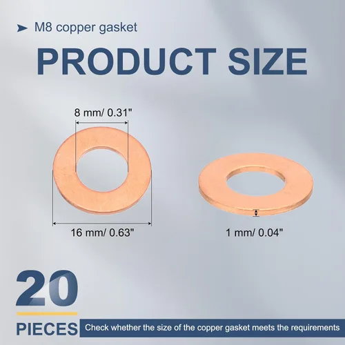 Miniatura 2 de MECCANIXITY 20 arandelas planas de cobre M8, 0.315 x 0.630 x 0.039 in, junta plana mejorada, sellado métrico, arandelas de anillo de aplastamiento