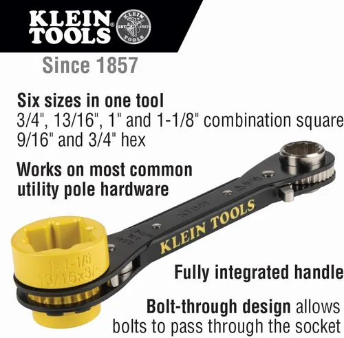 Miniatura 2 de Klein Tools KT155T Llave de trinquete 6 en 1 para electricista con diseño de perno pasante y casquillo amarillo brillante