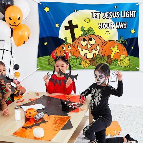Miniatura 4 de Preboun 3 carteles de telón de fondo de calabaza cristiana de Halloween para fiestas, 40 x 60 pulgadas, decoración religiosa de tronco o trato