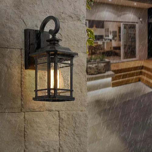 Miniatura 7 de Emliviar Luces de Farol de Pared para Exteriores, Lámpara de Aplique de Pared Exterior de 1 Luz, Acabado Negro con Vidrio Granulado Transparente