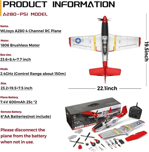 Miniatura 6 de CKYSCHN WLtoys XK A280 Avión RC, avión RC P51 Mustang de 4 canales con luces, aviones RC sin escobillas 6G/3D, avión de control remoto 2.4G, aviones