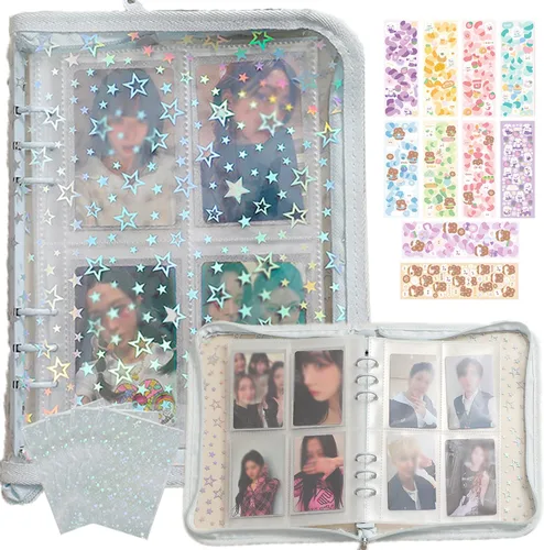 Miniatura 10 de Carpeta de tarjetas fotográficas Kpop 3 pulgadas Libro de soporte para tarjetas fotográficas Kpop con 50 fundas holográficas para tarjetas y Morado
