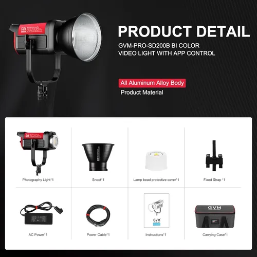 Miniatura 7 de GVM - Luz de video LED de 200 W, salida continua de 2700 K-6800 K, luz LED COB con control de aplicación DMX/Bluetooth, luz de estudio de YouTube