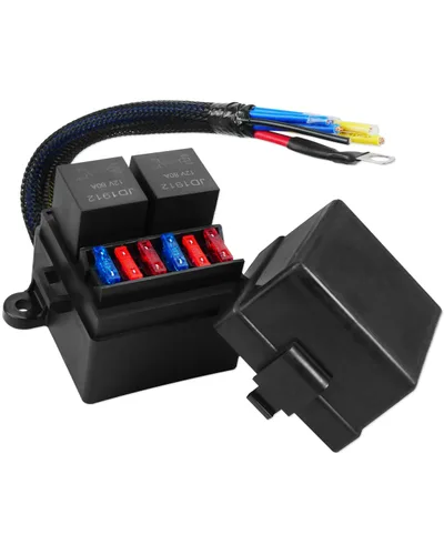 Caja de relés de fusibles impermeable universal con diseño precableado, 2 ranuras de relé y 6 portafusibles ATC/ATO, 2 relés de 4 pines 80A y 6