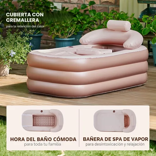 Miniatura 4 de CO-Z Bañera inflable con bomba de aire eléctrica y almohada reposacabezas para baño, bañera inflable portátil para adultos, bañera de spa Marrón