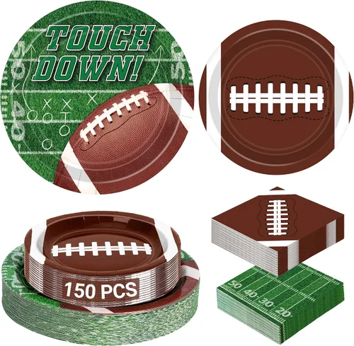 Juego de suministros para fiesta de fútbol americano – 150 piezas de vajilla, las decoraciones incluyen platos, servilletas para el día del juego,