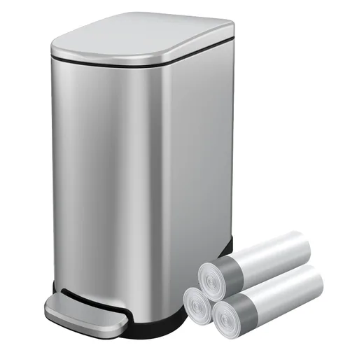 KUK Cubo de basura delgado para baño con tapa, 2.6 galones (10 L) cubo de basura pequeño de acero inoxidable con pedal y cubo interior extraíble,