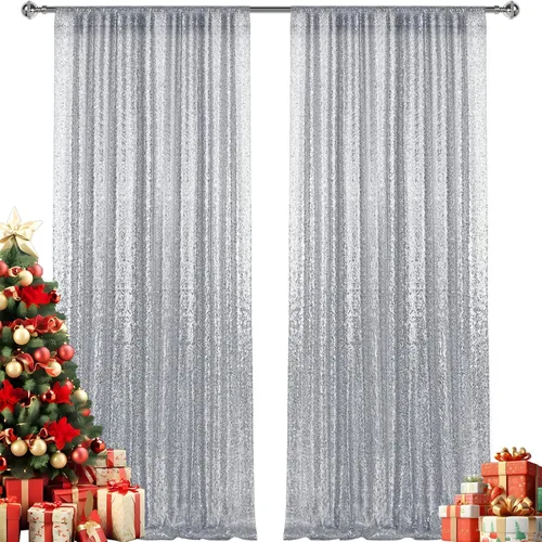 Miniatura 42 de 2 paneles de cortinas de fondo de lentejuelas verdes de 8 pies, cortinas de fondo de fotografía con purpurina para decoración de Navidad, boda
