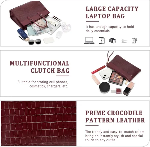 Miniatura 4 de BOLOSTA Bolsa para laptop para mujer, bolsa de trabajo de 15.6 pulgadas para mujer, bolsa grande de cuero impermeable para computadora con bolso