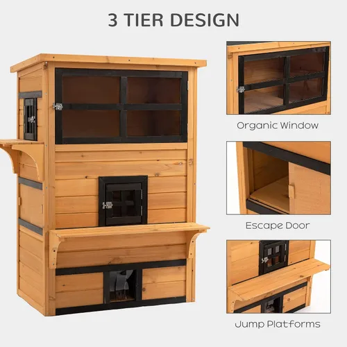 Miniatura 4 de 3-Tier Shelter for Cats: Asphalt Eave, Raised Floor, Escape Exit, Tiered Jump Platforms, Yellow/Black, 38.5x27x48in, Fir Material, Rated for 10lb