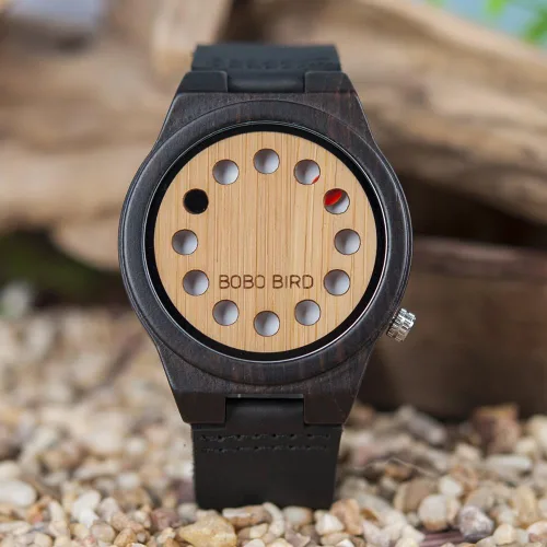Miniatura 5 de BOBO BIRD Reloj de madera de bambú para hombre con correa de cuero de vaca negra, 12 agujeros, diseño temporizador, relojes deportivos casuales