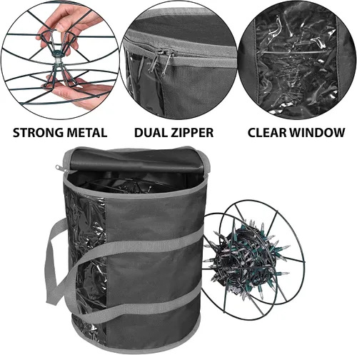 Miniatura 3 de ProPik Bolsa de almacenamiento de luz de Navidad Organizador de almacenamiento de luz navideña con 3 carretes de metal para luces de árbol