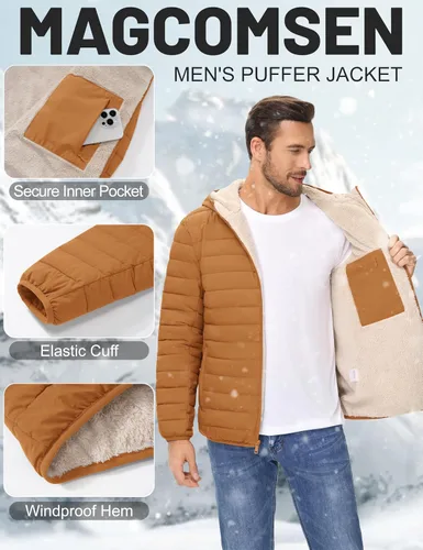 Miniatura 15 de MAGCOMSEN Chaqueta acolchada para hombre con capucha, forro de vellón, chaqueta térmica resistente al agua, chaqueta de plumón con cremallera
