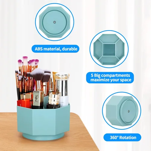 Miniatura 6 de LETURE Organizador de escritorio, soporte para lápices giratorio de 360 grados, 5 compartimentos, organizador de escritorio estacionario, caja