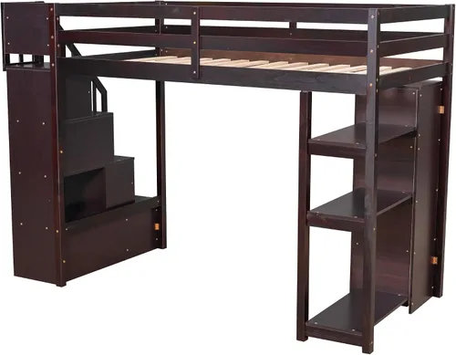 Miniatura 5 de Cama alta moderna con cajones de almacenamiento y escaleras, cama de madera tamaño individual con estantes y barandillas, para niños, niñas