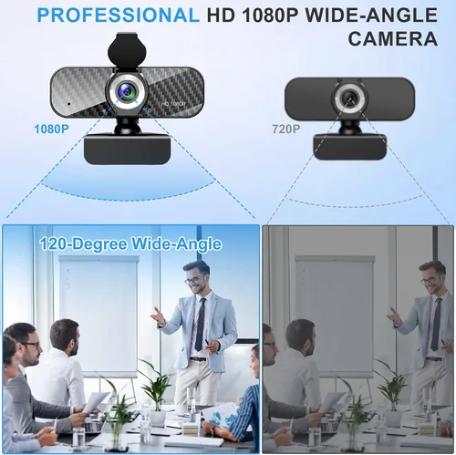 Miniatura 2 de Webcam Full HD 1080P con micrófono incorporado y trípode giratorio, placa de fibra de carbono y cubierta de privacidad, corrección de luz
