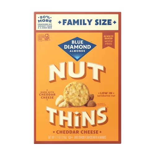 Blue Diamond Almonds Nut-Thins Galletas Crujientes Sin Gluten, Queso Cheddar, Tamaño Familiar, 7.7 oz