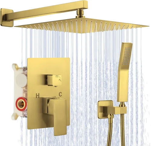 JOMEOO® Juego de grifo de ducha de 12 pulgadas en oro cepillado, sistema de ducha montado en la pared con cabezal de ducha de lluvia de alta presión