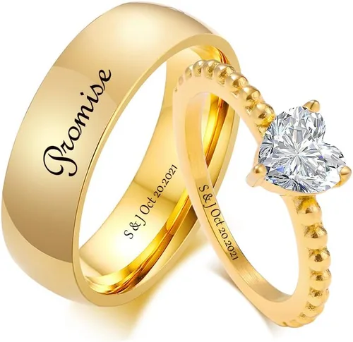 Miniatura 9 de Anillos de compromiso personalizados a juego para parejas, juego de anillos de boda de acero inoxidable dorado para él y ella, anillos de pareja