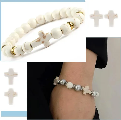 Miniatura 5 de SUNNYCLUE 1 caja, 100 cuentas de cruz de turquesa blanca, cuentas de piedra turquesa sintética de 0.472 x 0.630 in, cuentas pequeñas de cruz