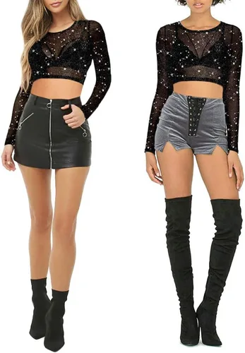 Miniatura 5 de MANGOPOP Blusa corta de manga corta de malla transparente para mujer