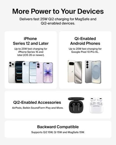 Miniatura 6 de Belkin Cargador MagSafe, cargador magnético para iPhone con Qi2 25W, almohadilla de carga inalámbrica rápida con soporte para iPhone 17 Series, Negro
