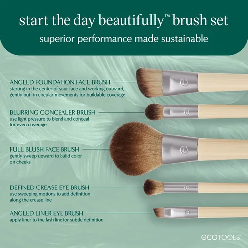 Miniatura 2 de EcoTools Juego de brochas de maquillaje para sombra de ojos, base, rubor y corrector con estuche de almacenamiento adicional, comienza el día