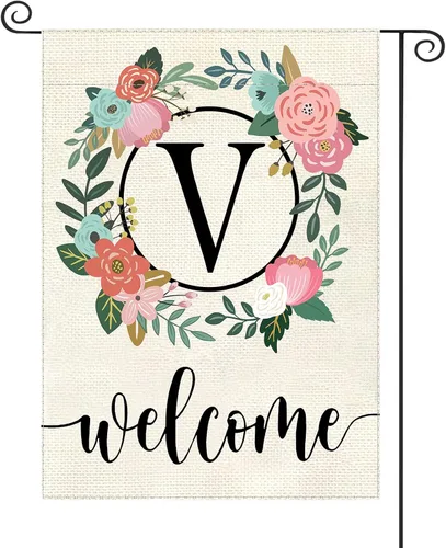 Miniatura 25 de Bandera de jardín con letra monograma, floral, 12 x 18 pulgadas, doble cara para exterior, pequeña de arpillera, familia, apellido, bandera inicial