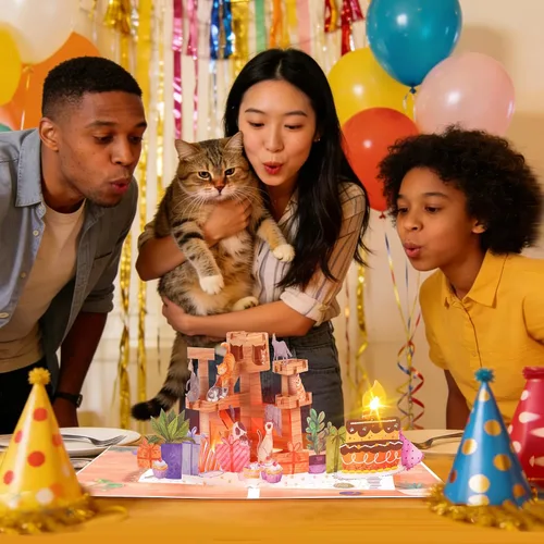 Miniatura 4 de Tarjeta de cumpleaños de gato desplegable 3D con canción de miau, velas sopladas y luces coloridas, bonito regalo sorpresa para niños, niñas, hijo