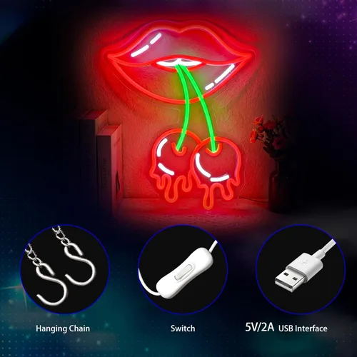 Miniatura 6 de Letrero de Neón de Labios de Cereza, Letreros de Neón para Decoración de Pared Letreros LED Rojos de Neón para Habitación Letreros de Neón Luminosos