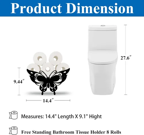 Soporte de papel de mariposa con diseño de animales, soporte de papel higiénico de metal negro, bonito almacenamiento para baño, organizador