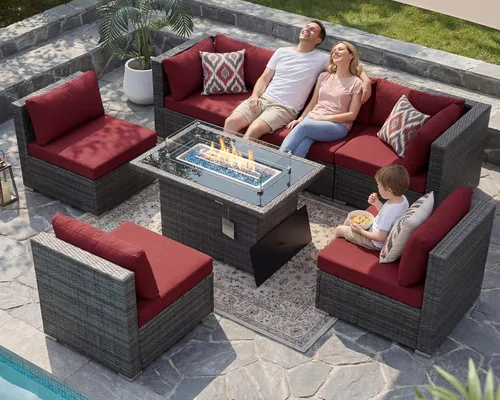 Miniatura 11 de NICESOUL Juego de muebles de patio para exteriores de 7 piezas con mesa para hoguera, gas natural y propano convertible, respaldo alto de 29.3