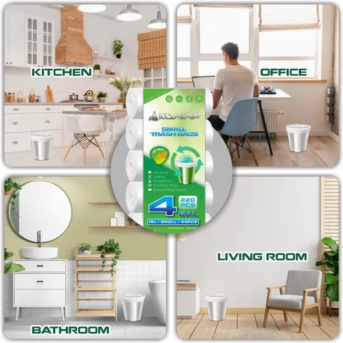Miniatura 6 de 220 bolsas de basura pequeñas biodegradables de 4 galones, resistentes a desgarros y fugas, sin perfume, para el hogar y la cocina, 5 rollos