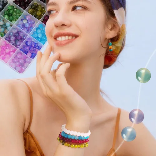 Miniatura 5 de Kit para hacer pulseras de 1200 piezas de cuentas de vidrio de 8mm, cuentas de cristal de 24 colores para hacer joyas, 2 cajas de cuentas