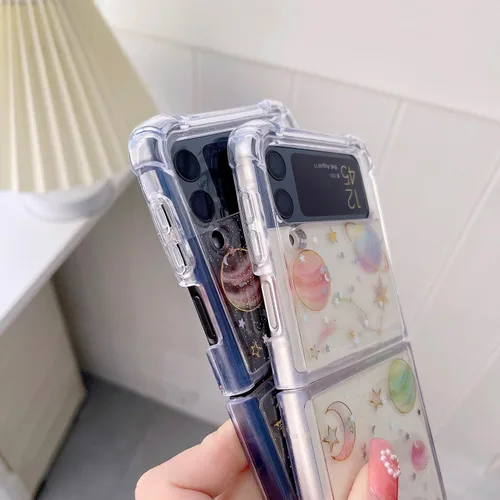 Miniatura 6 de Funda protectora para Galaxy Z Flip 4, suave y transparente de goma flexible, planeta y estrellas espaciales, brillantes, para niñas y mujeres, a