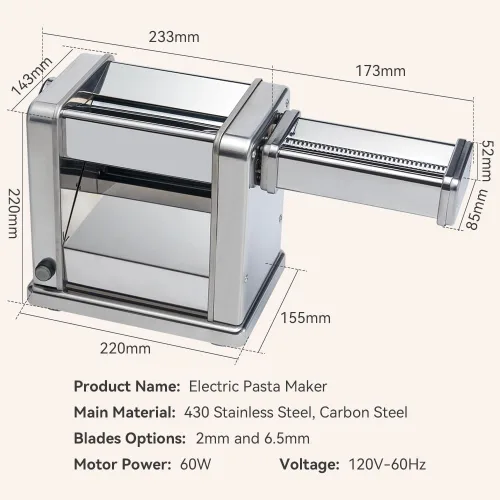 Miniatura 6 de Máquina Eléctrica para Hacer Pasta de Acero Inoxidable con Rodillo y Cortador Ajustable 7 Grosores y 2 Anchos para Espaguetis, Fettuccini, Lasaña