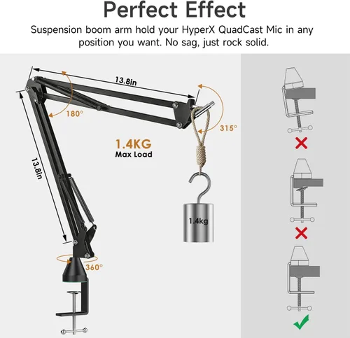 Miniatura 3 de Para HyperX Quadcast Boom Arm - Brazo de micrófono mejorado con cubierta de micrófono para reducir los ruidos del viento y funda de cable, soporte