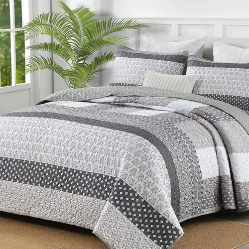 Miniatura 17 de WONGS BEDDING Juego de edredón beige tamaño individual, juego de edredón de rayas bohemias de 3 piezas, juego de colcha acolchada de microfibra