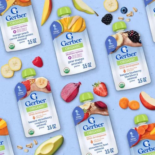 Miniatura 11 de Gerber Alimento para bebés etapa 2, mango orgánico de zanahoria y manzana, bolsas de comida para bebés, bolsas de puré, vitamina A, C y E ayuda a